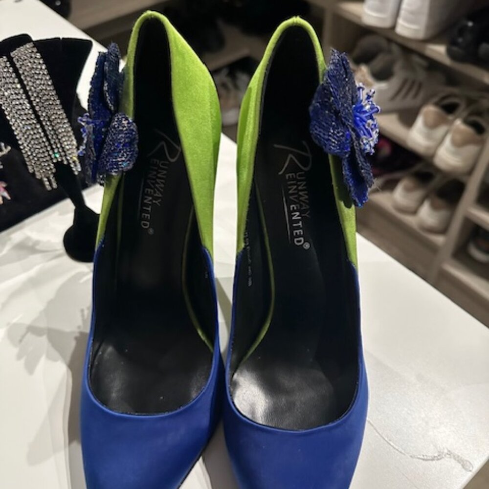 Green and Blue Stiletto Pumps in Silk Satin